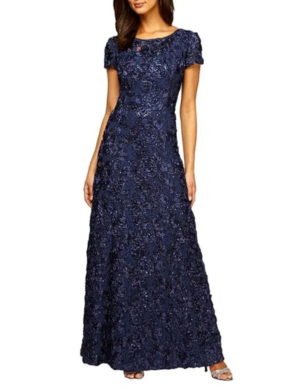 Alex Evenings Sequin Floral Lace Ribbon Rosette Round Neck Short Sleeve Gown